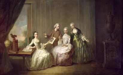 Familie in einem Innenraum mit Eichhörnchen, möglicherweise die Familie Burton aus Eltham, Kent, 1755-60